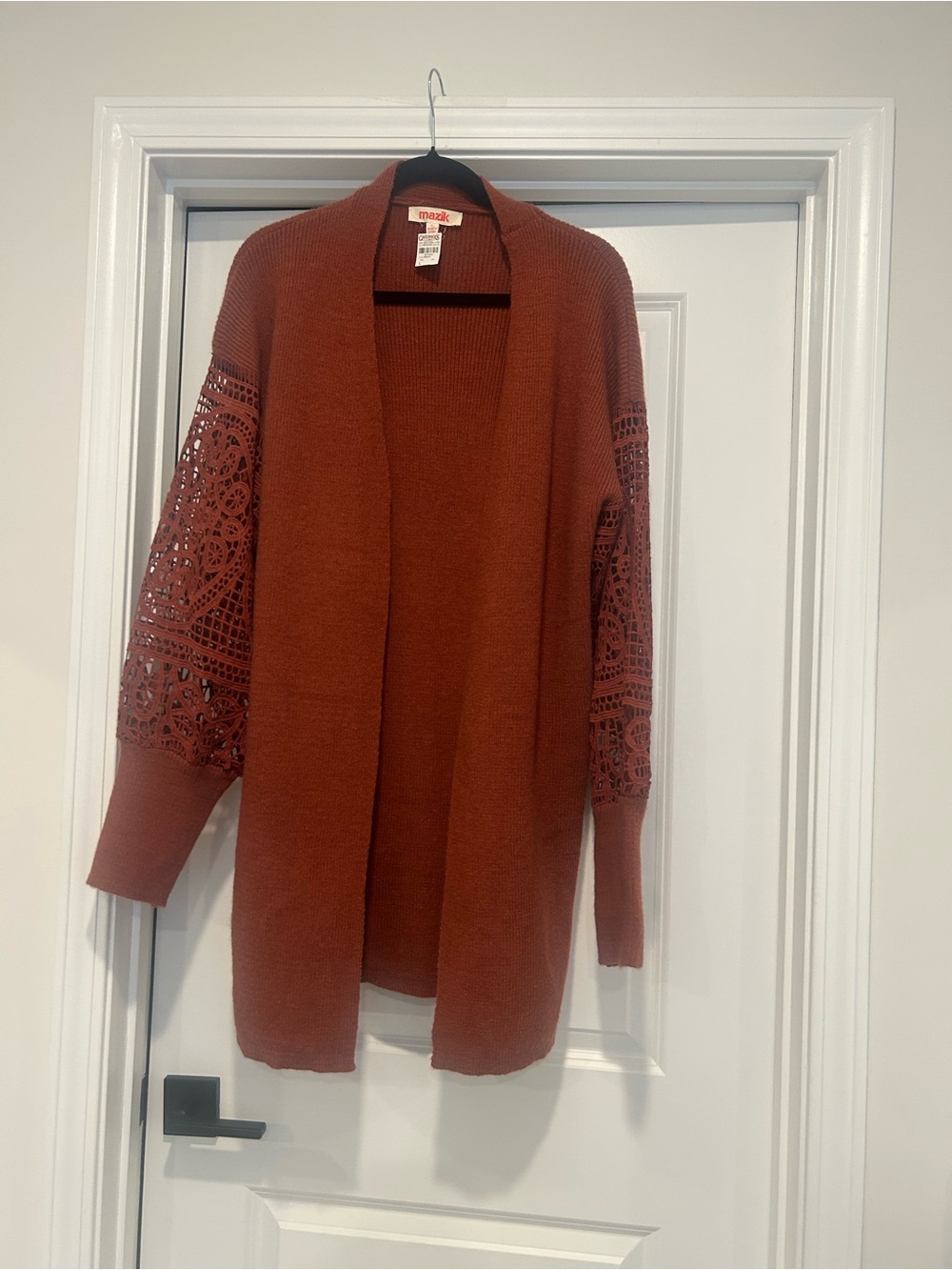 Rust Crochet-Sleeve Open Cardigan Sweater